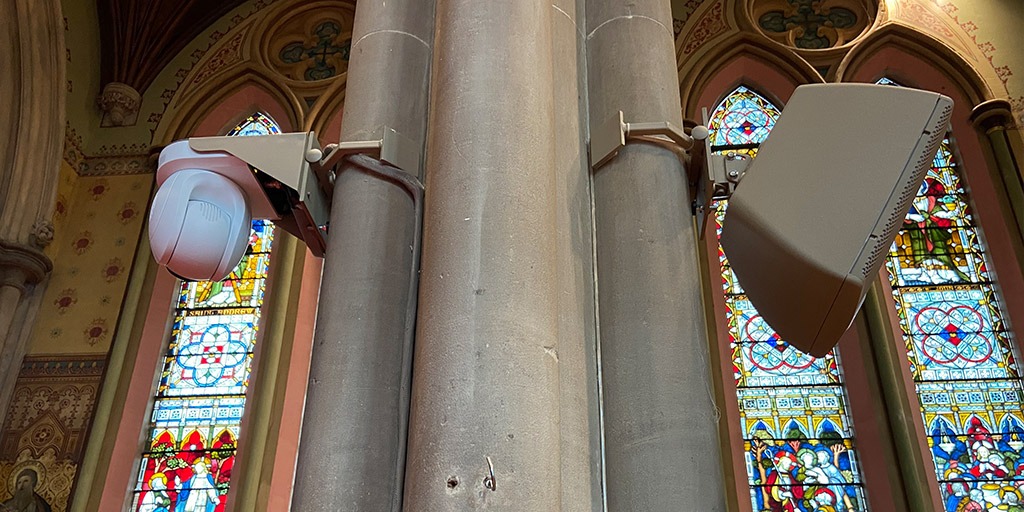 St Margaret's Church. Lee, London. Custom brackets. Colour matched speakers